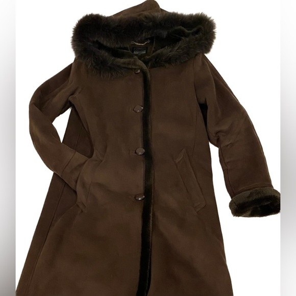 MANTEAUX Long Collar Hood Brown Coat - Picture 2 of 11